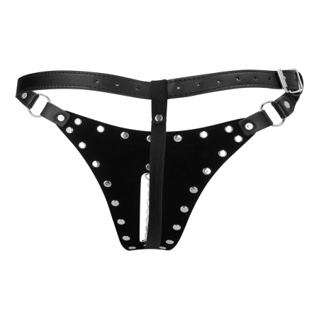 OUCH! Xtreme PU Leather Chastity Thong with Adjustable Chains Black