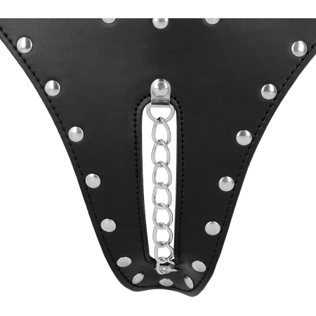 OUCH! Xtreme PU Leather Chastity Thong with Adjustable Chains Black