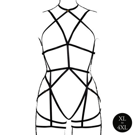 Rimba Plus Size Black Strappy Open Cup Body Harness with Garters XL-4XL