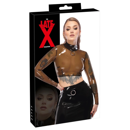 LateX Crop Top Smoky Transparent XL - Long Sleeve, Metal Ring Detail