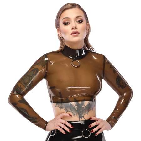 LateX Crop Top Smoky Transparent XL - Long Sleeve, Metal Ring Detail