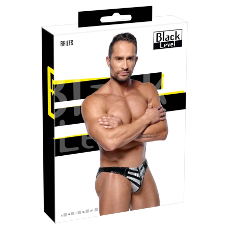 Black Level Vinyl Briefs for Men Silver Stripe Zip S Black Glossy
