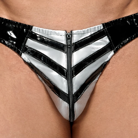 Black Level Vinyl Briefs for Men Silver Stripe Zip S Black Glossy