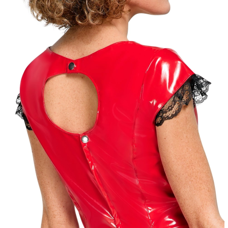 Black Level Vinyl Mini Dress Red L with Flared Skirt and Lace Trim