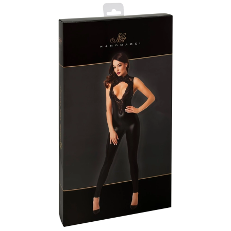 Noir Powerwetlook Jumpsuit XL with Lace Halterneck and Cut-Outs