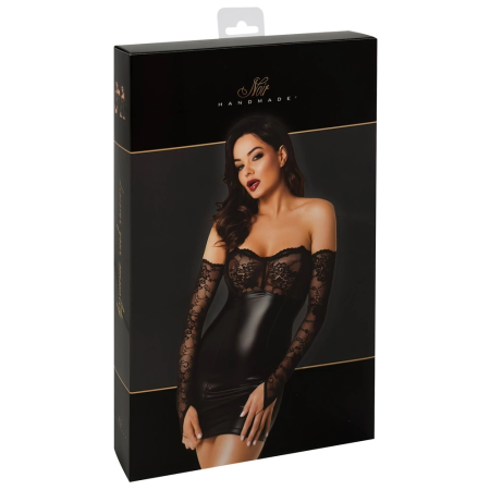 Noir Handmade Orgia Powerwetlook Mini Dress with Lace & Arm Gauntlets XL