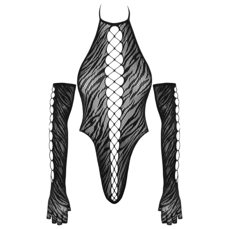 Cottelli FANTASY Black Tiger Stripe Bodysuit & Long Gloves Set S-L