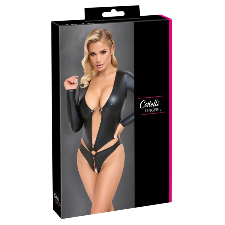 Cottelli Lingerie Bodysuit XL Long Sleeve Matte Black Open Front