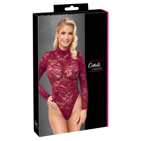 Cottelli Lingerie Lace Body Bordeaux Red M - Elegant Long Sleeve Design