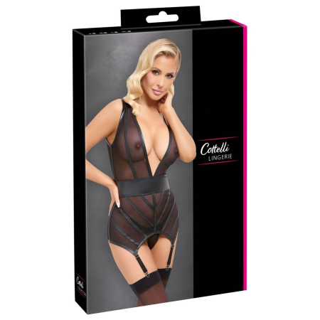 Cottelli LINGERIE Basque & String Set Black Powernet Adjustable Straps