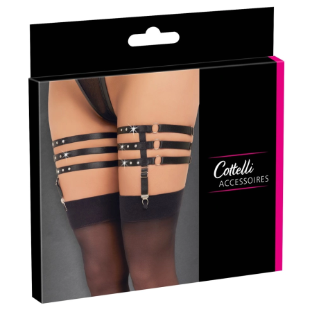 Cottelli Accessories Triple Adjustable Garters L/XL, Black Shine, Rhinestones