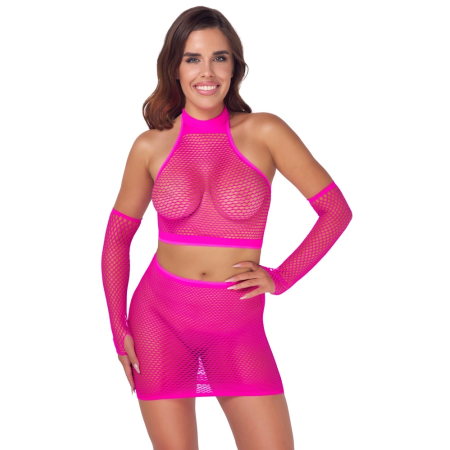 Cottelli Fantasy Hot Pink Mesh Set S-L - Crop Top, Skirt & Gauntlets