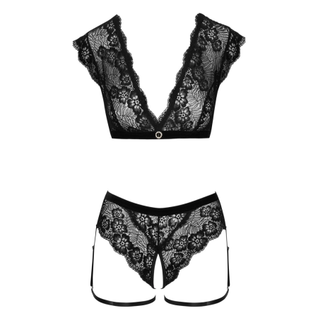 Cottelli LINGERIE Black Lace Set L - Top & Open Briefs with Rhinestone Accent
