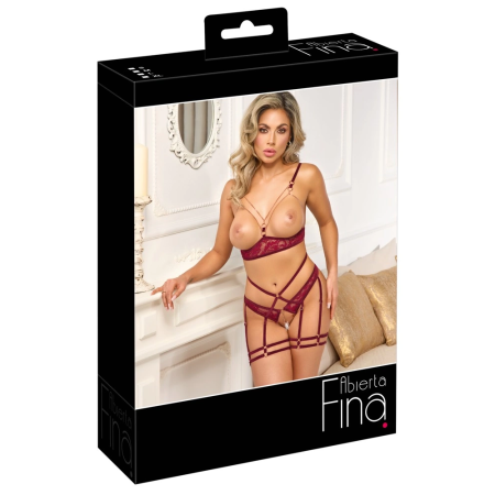 Abierta Fina Suspender Set Red L - Open Cup & Velvet Lace Design