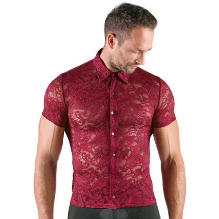 Svenjoyment Men’s Lace Shirt Burgundy Floral Short Sleeve M