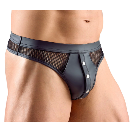 Svenjoyment XL Men's Thong - Black Matte & Net, Snap-Button Detail