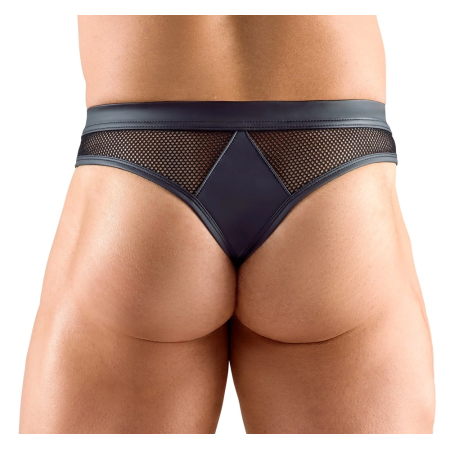 Svenjoyment XL Men's Thong - Black Matte & Net, Snap-Button Detail