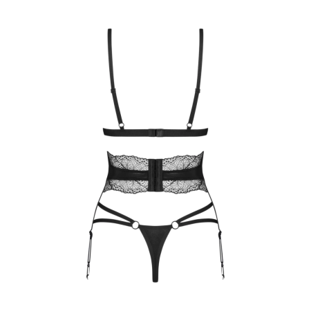Obsessive Lobellis Set M/L - Three-Piece Black Lace Lingerie Ensemble