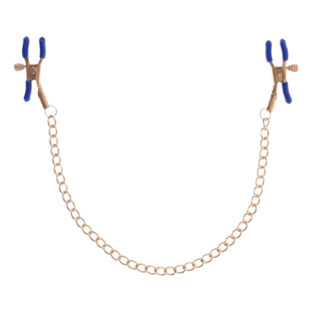 Sportsheets Cougar Adjustable Gold Chain Nipple Clamps with Blue Tips
