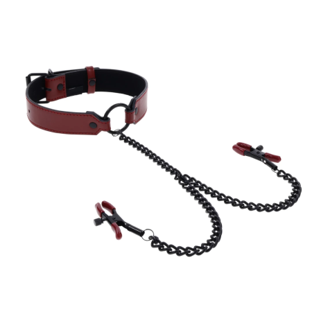 Sportsheets Saffron Adjustable Collar with Chain and Clamps, Red/Black
