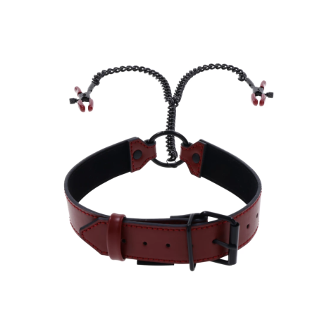 Sportsheets Saffron Adjustable Collar with Chain and Clamps, Red/Black