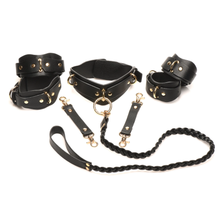 XR Brands Vegan Leather Restraint Set Black - Adjustable, Gold Details