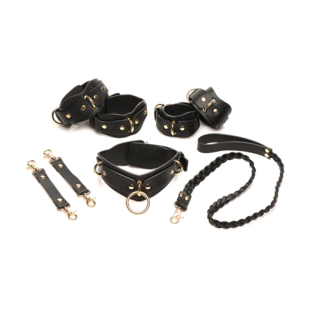 XR Brands Vegan Leather Restraint Set Black - Adjustable, Gold Details