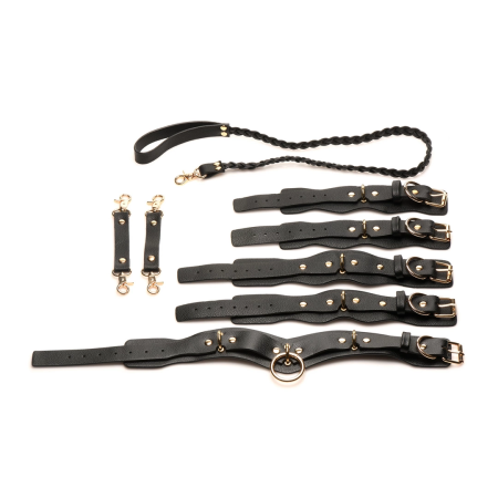 XR Brands Vegan Leather Restraint Set Black - Adjustable, Gold Details