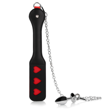 Ouch! Hearts Paddle & Metal Plug Set Black - Chain-Linked Design