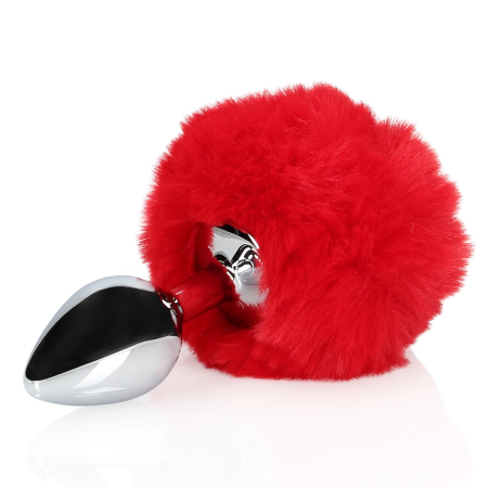 Ouch! Metal Plug with Red Fluffy Bunny Tail - Compact Stainless Model