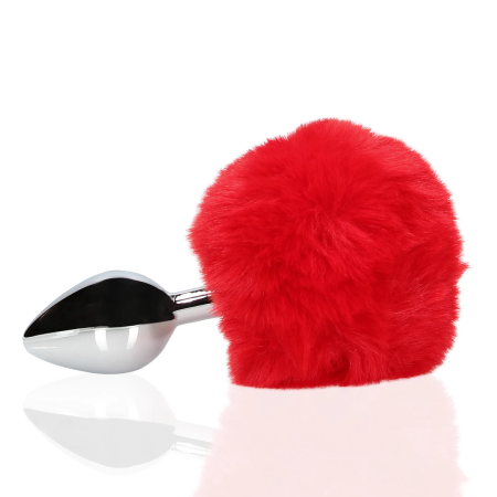 Ouch! Metal Plug with Red Fluffy Bunny Tail - Compact Stainless Model