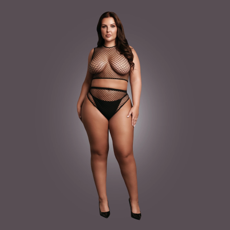 Ouch! OSX Black Two-Piece Set with Crop Top, Panty & Fishnet Design XL-4XL