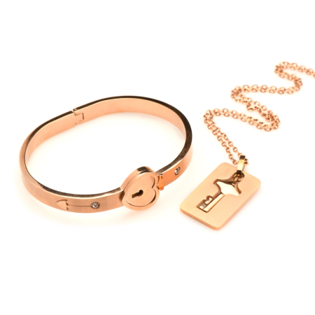 Cuffed Rose Gold Locking Bracelet & Key Pendant Necklace Set