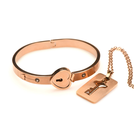 Cuffed Rose Gold Locking Bracelet & Key Pendant Necklace Set