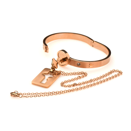 Cuffed Rose Gold Locking Bracelet & Key Pendant Necklace Set