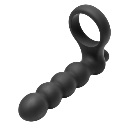 XR Brands Double Fun Silicone Ring with Vibrating Beaded Extension Black