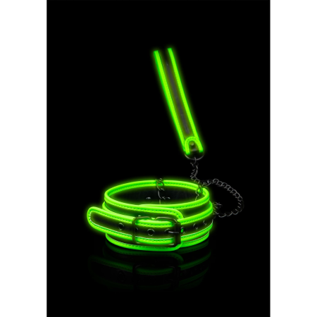 Ouch! Adjustable Glow-in-the-Dark Collar with Leash - Neon Green Finish