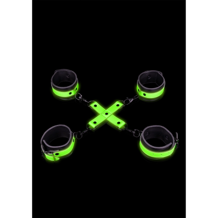 Ouch! Glow in the Dark Hand & Ankle Cuffs Set with Hogtie, Luminous Green