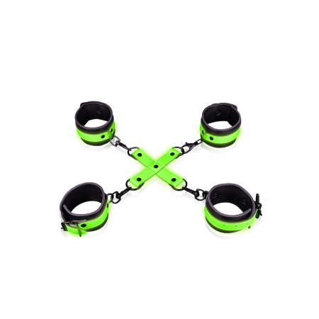 Ouch! Glow in the Dark Hand & Ankle Cuffs Set with Hogtie, Luminous Green