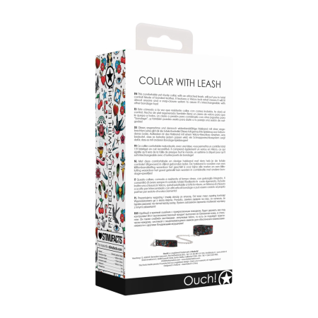 Ouch! Adjustable Bonded Leather Collar with Leash, Black, Universal Size