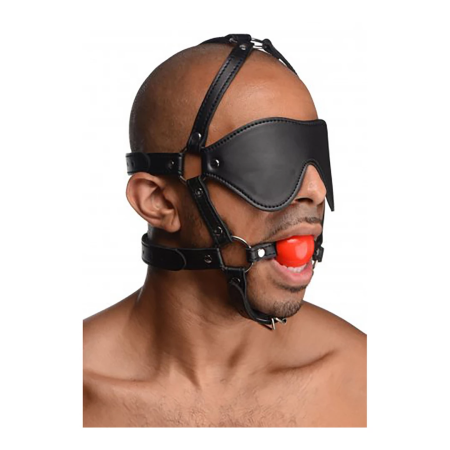 Sex & Mischief Blindfold Harness with Red Ball Gag Adjustable Black