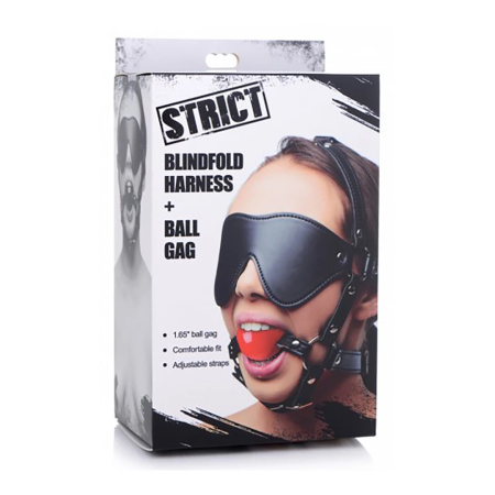 Sex & Mischief Blindfold Harness with Red Ball Gag Adjustable Black