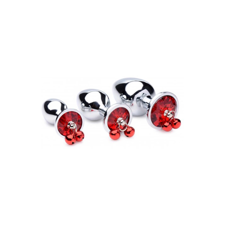 Red Gem Intimate Plug Set with Bells, 3 Sizes, Nickel-Free Alloy