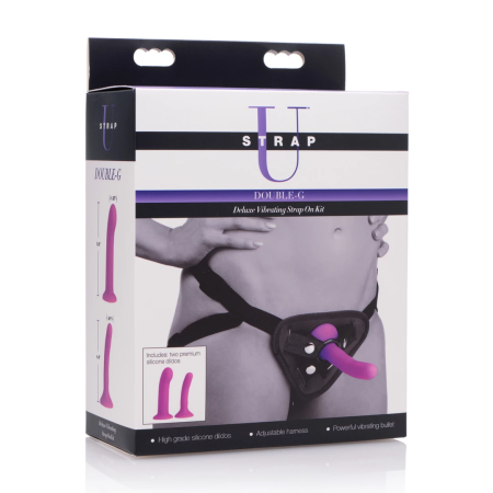 XR Brands Double-G Deluxe Vibrating Strap-On System Purple Set
