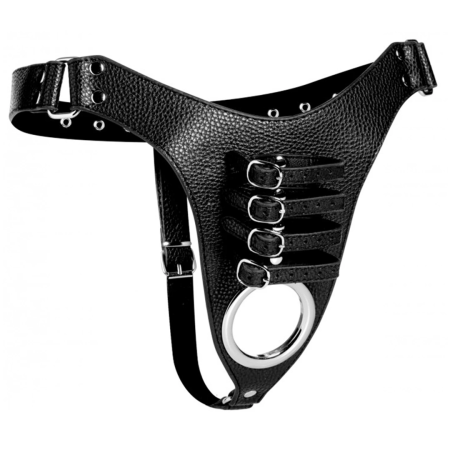 Master Series Male Chastity Harness Adjustable Black Leather Metal Ring