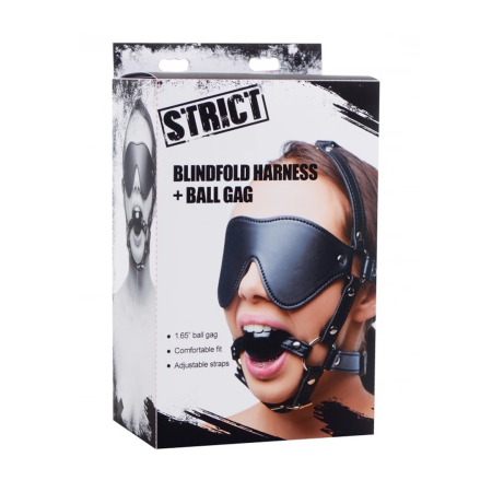 XR Brands Strict Eye Mask Harness with Adjustable Ball Gag Black