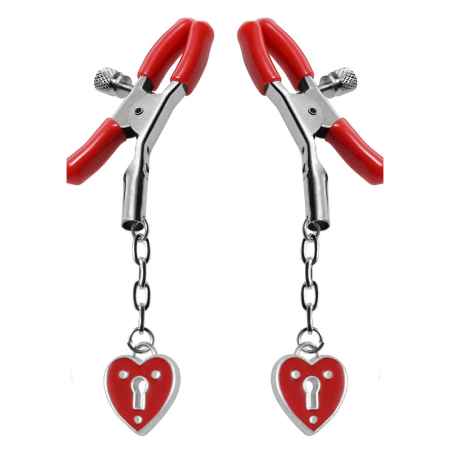 Master Series Charmed Heart Adjustable Nipple Clamps Red Metal 4in