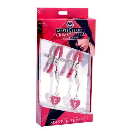 Master Series Charmed Heart Adjustable Nipple Clamps Red Metal 4in