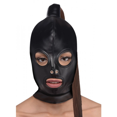 Master Series Bondage Mask Ponytail Hood with Synthetic Hair - Brown