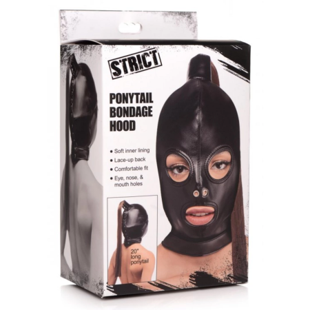Master Series Bondage Mask Ponytail Hood with Synthetic Hair - Brown
